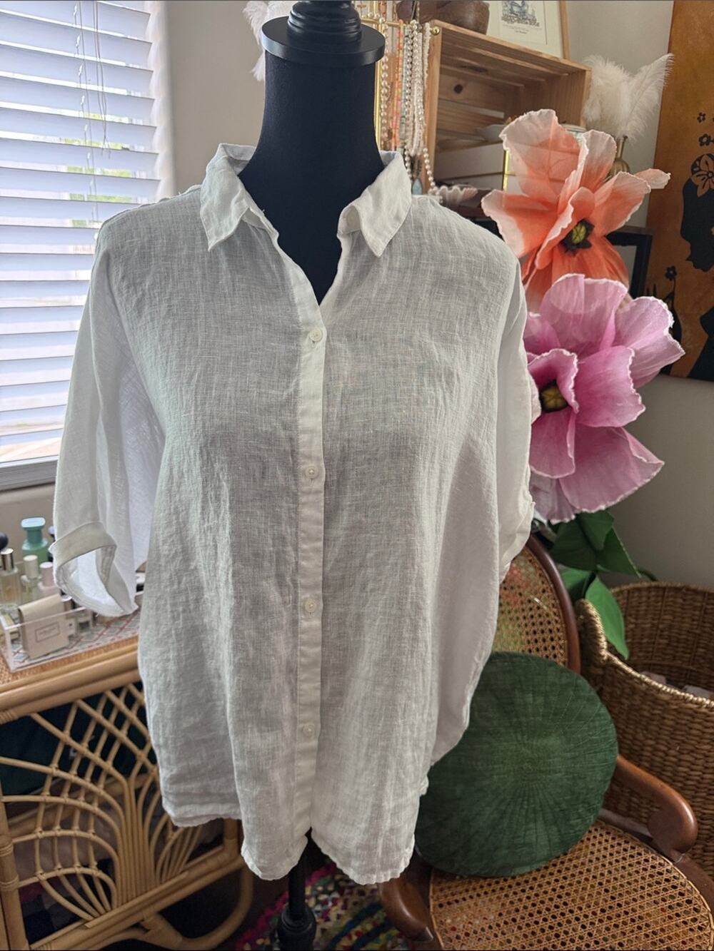 Gap White 100% Linen Short Sleeve Classic Coastal Resort Chic Button Up Top